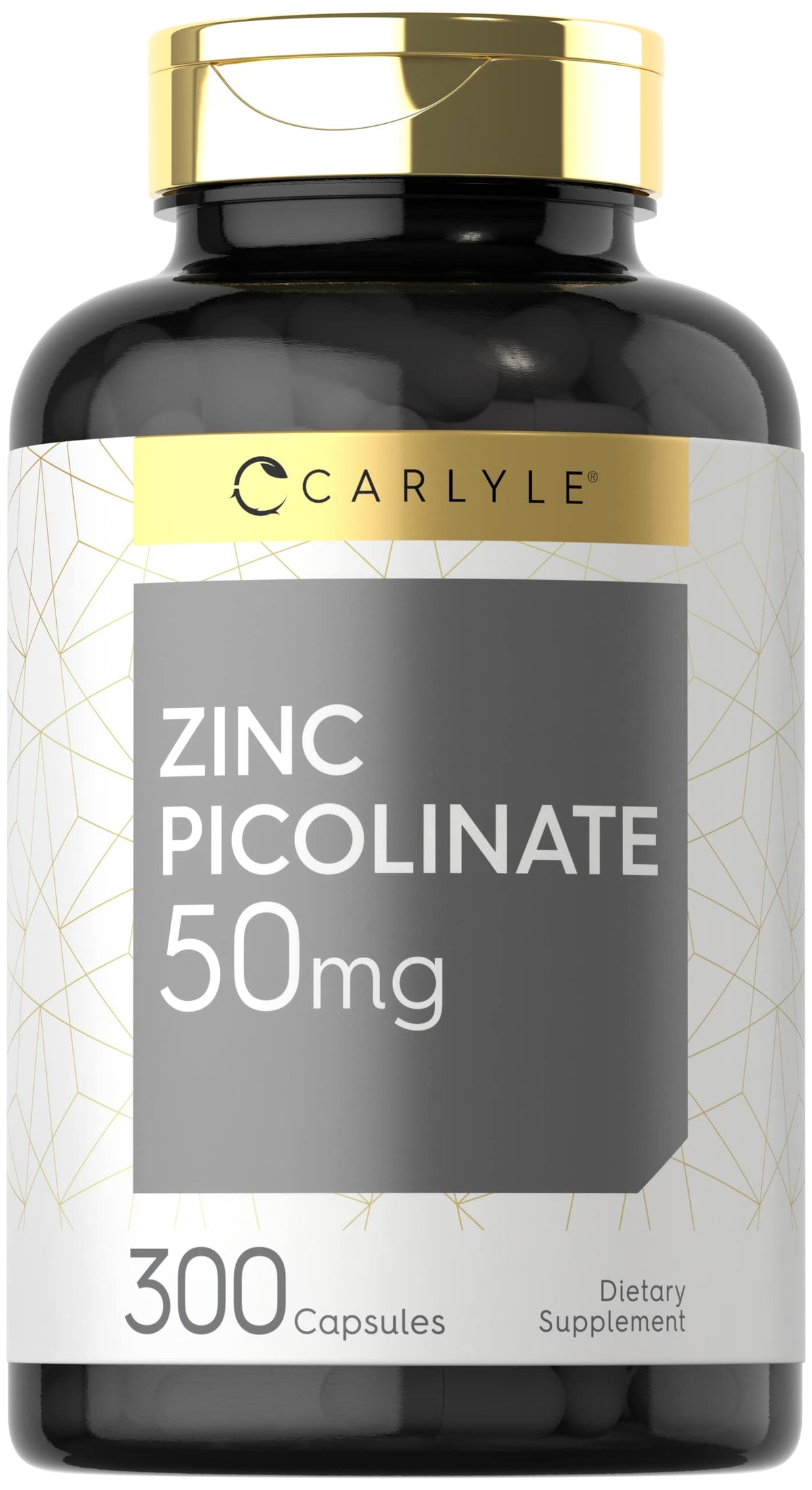 Carlyle Zinc Picolinate 50 mg, cápsulas visibles para apoyo diario de la nutrición.
