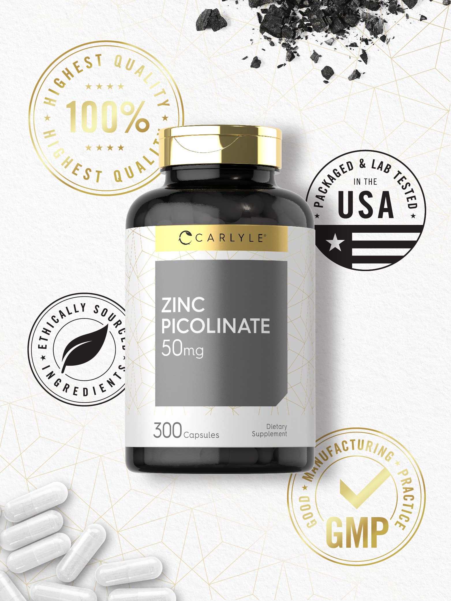 Aviso en etiqueta de Carlyle Zinc Picolinate sobre libre de gluten y no-OGM.
