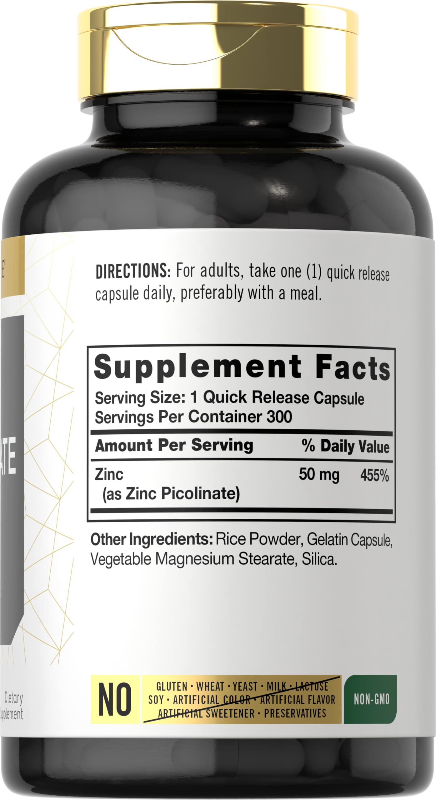 Envase de Carlyle Zinc Picolinate 50 mg con 300 cápsulas para consumo prolongado.