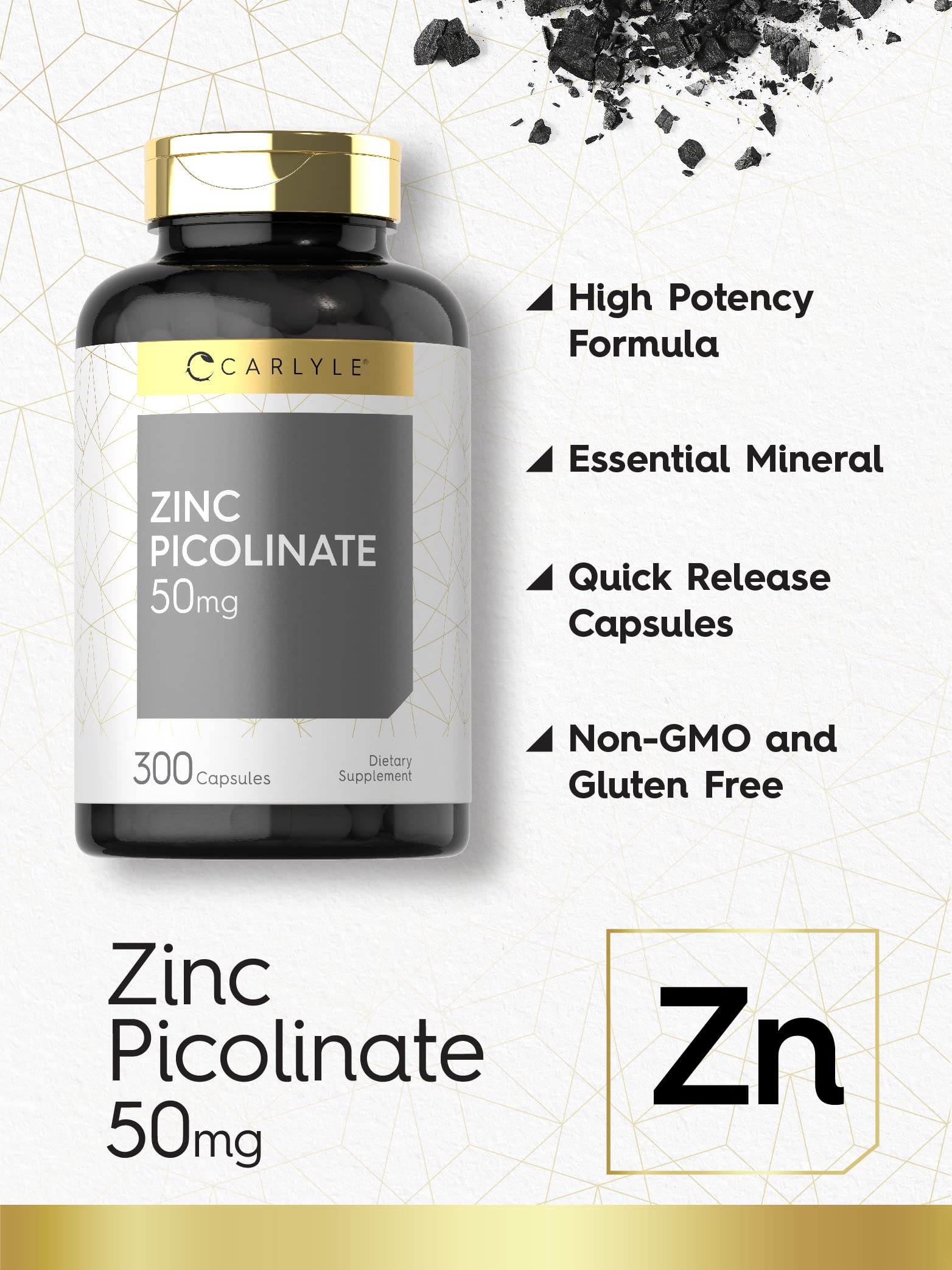 Etiqueta de Carlyle Zinc Picolinate 50 mg con detalles de absorción.