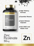 Etiqueta de Carlyle Zinc Picolinate 50 mg con detalles de absorción.