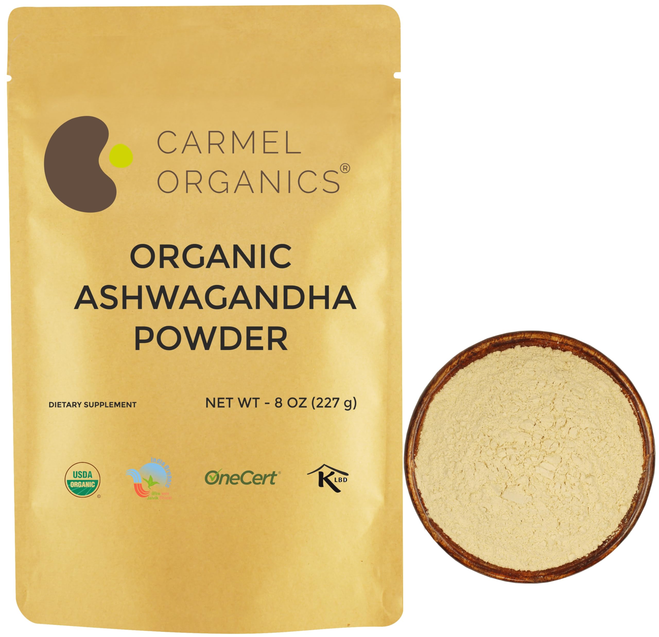 Polvo Ashwagandha Carmel Organics 8oz, textura suave lista para beber
