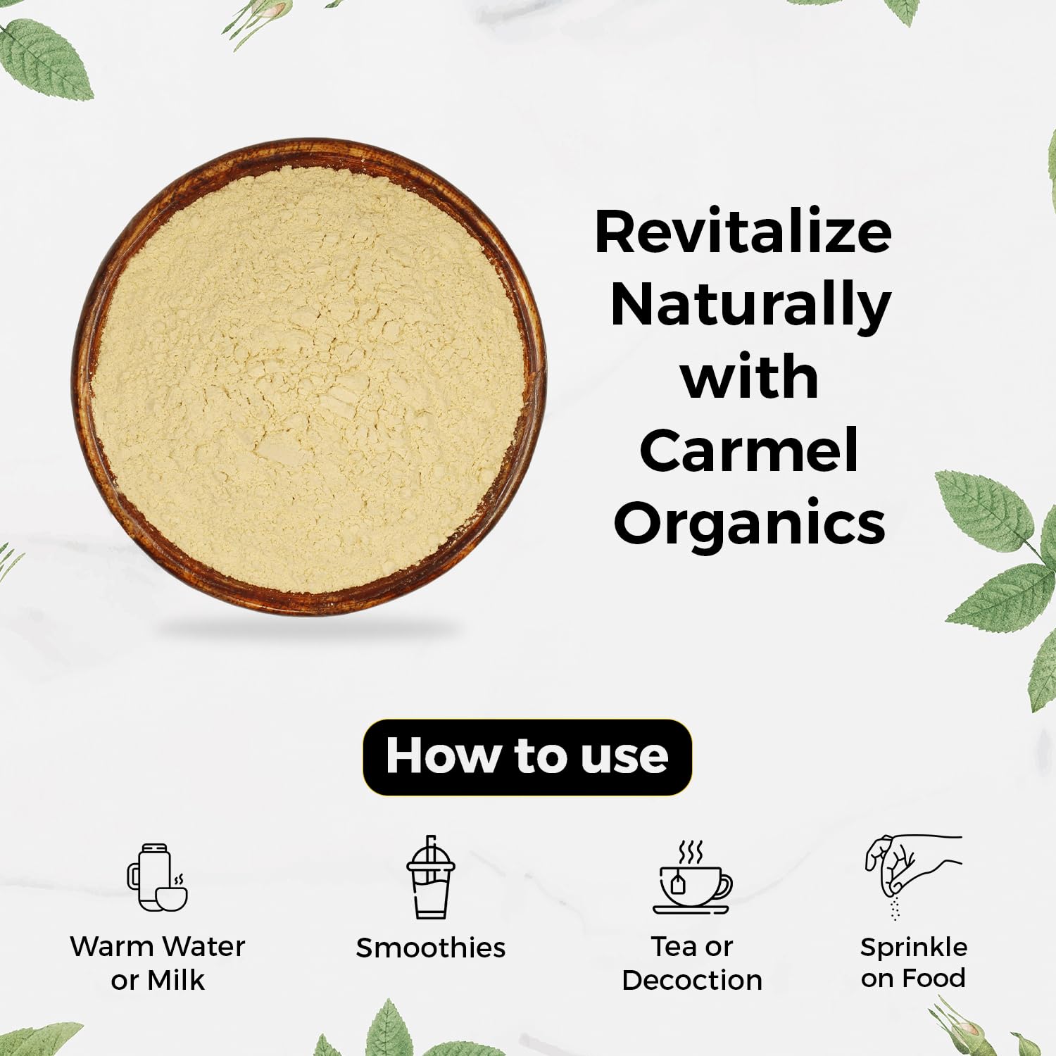 Ashwagandha Carmel Organics cucharilla-medida, dosificación fácil