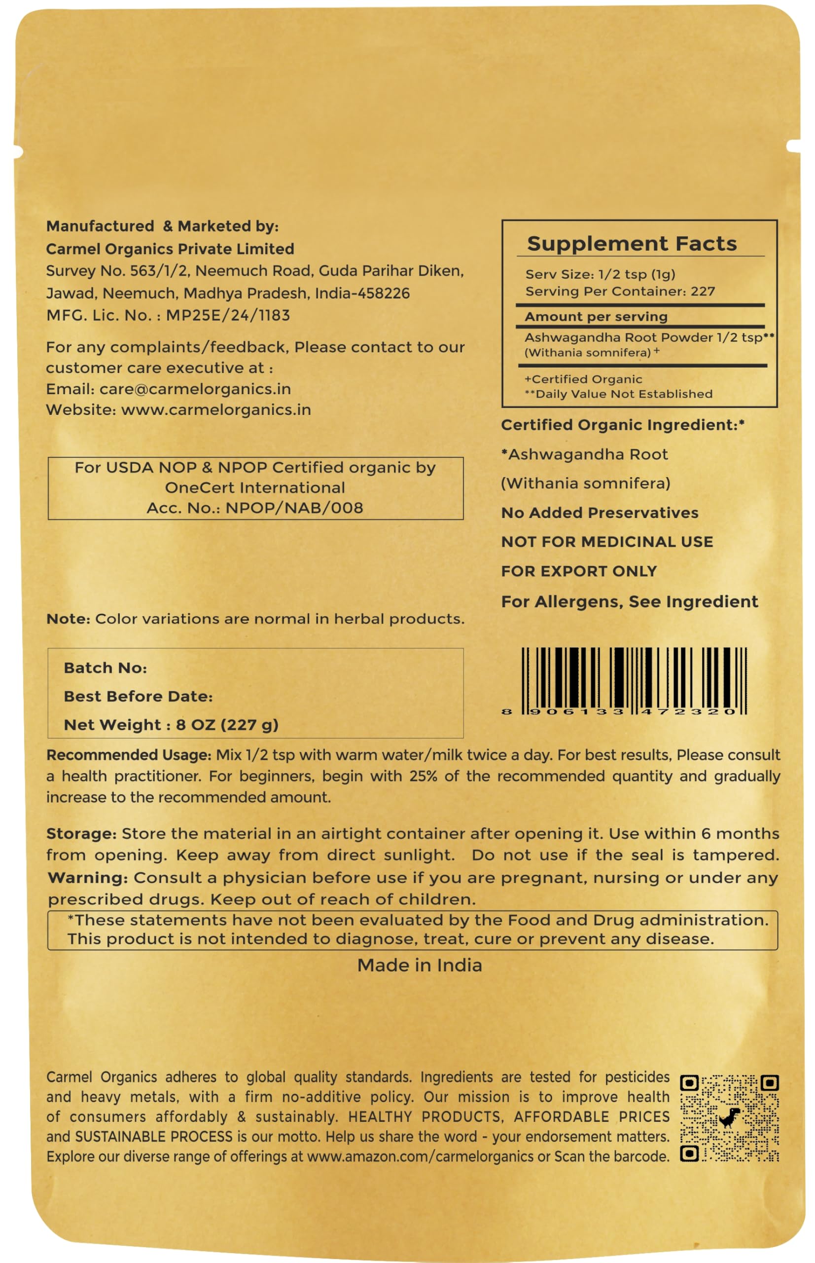 Ashwagandha Carmel Organics con etiqueta USDA, garantía de calidad para uso diario