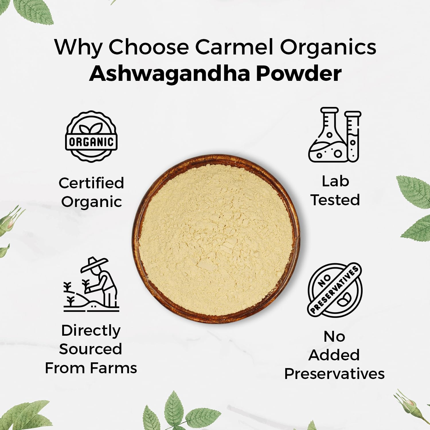 Ashwagandha Carmel Organics polvo raíz preparación agua tibia, mezcla rápida