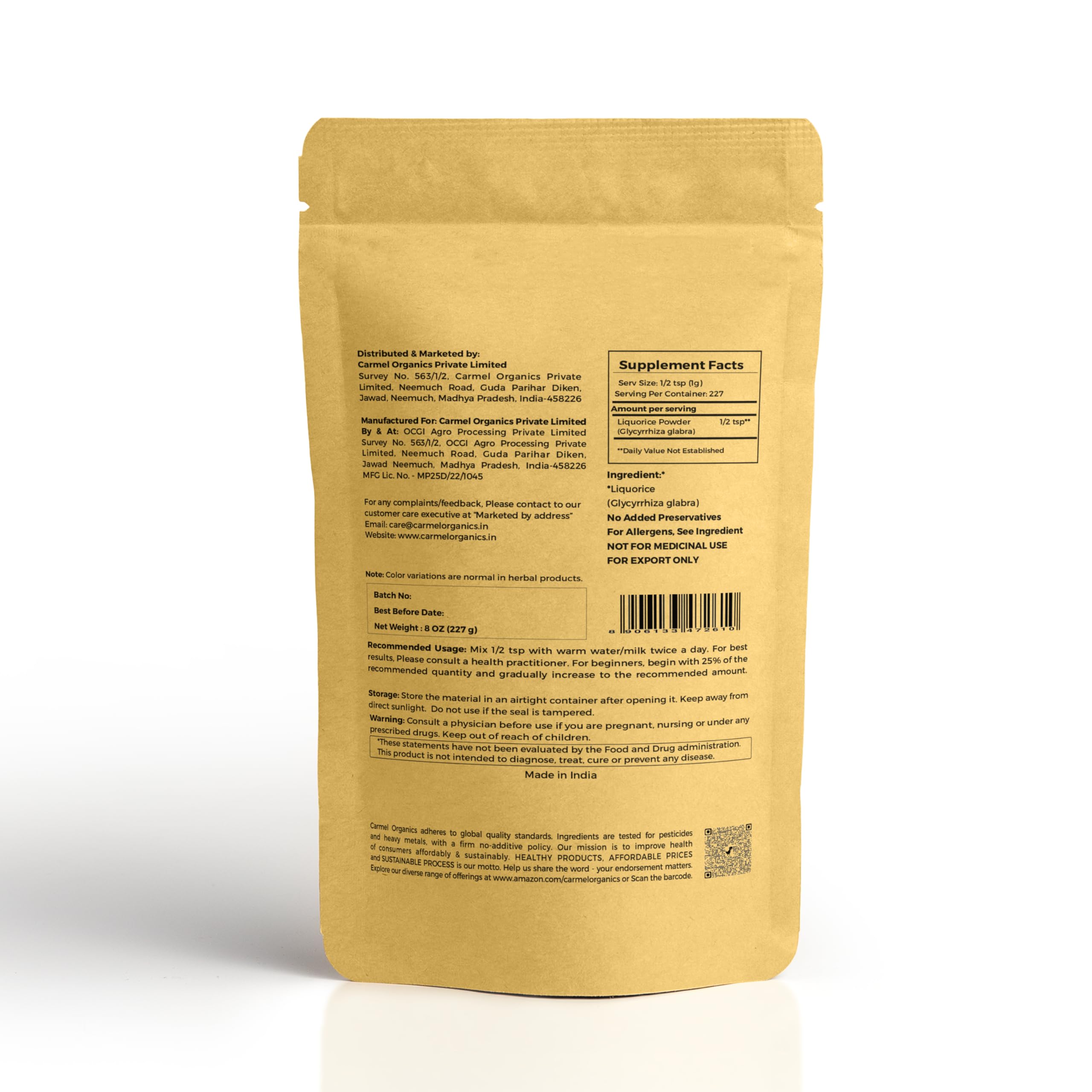 Carmel Organics regaliz polvo detalle de textura fina para mezclar en bebidas