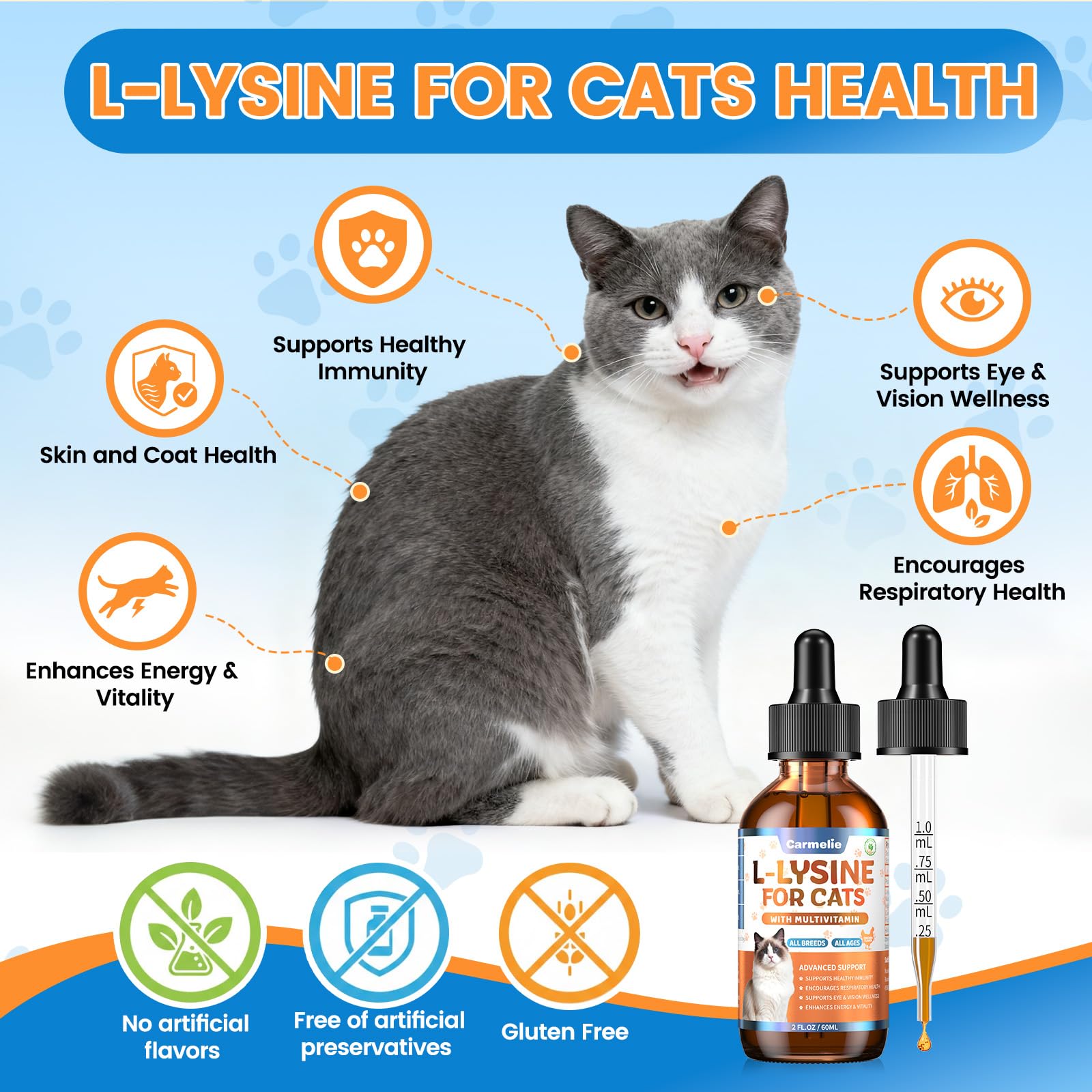 Carmelie L-Lisina para Gatos: ojos claros y función ocular estable.