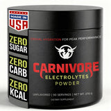 Carnivore Electrolytes polvo sin sabor en bote, ideal para hidratación diaria sin azúcar.