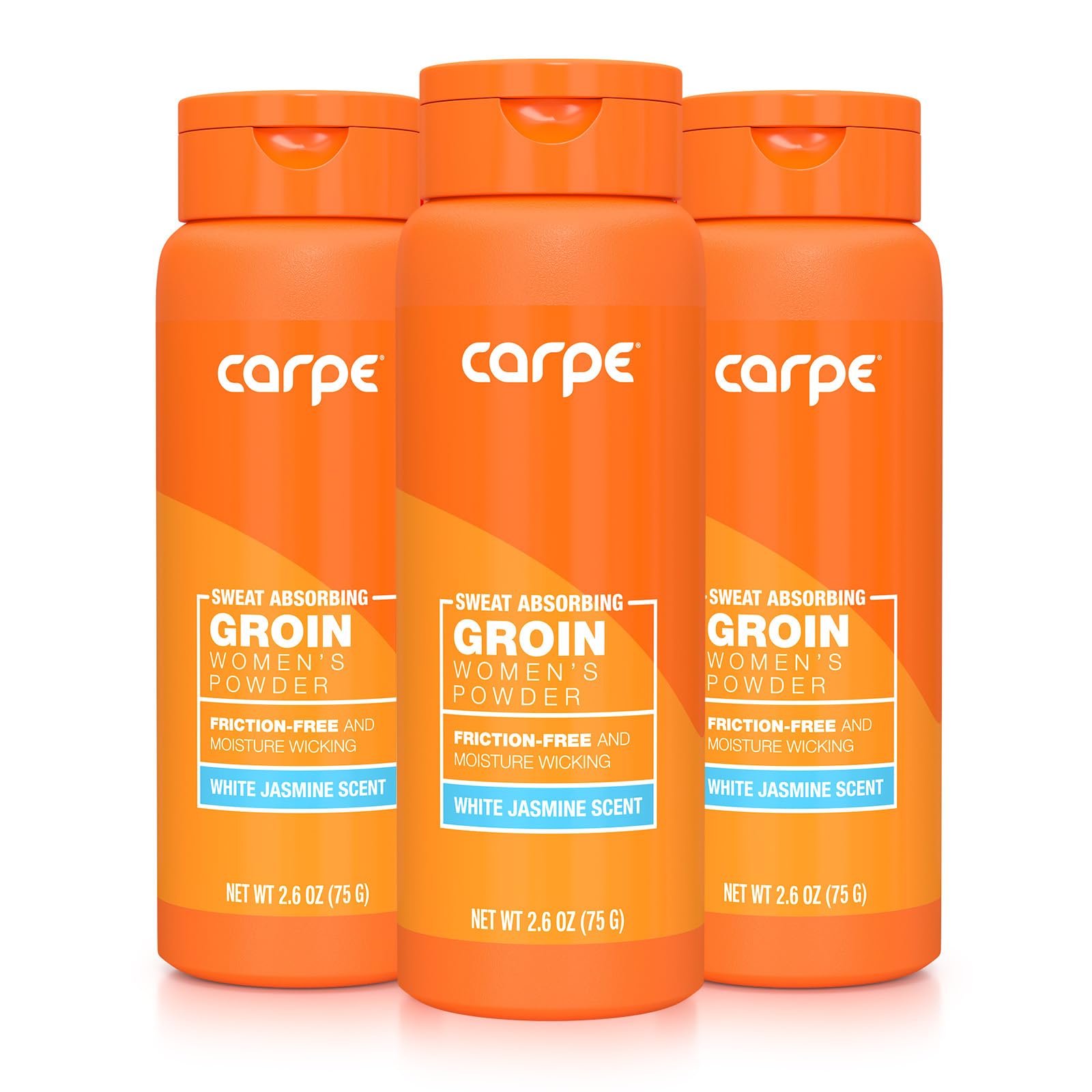 Carpe polvo cuerpo absorbente en envase, sensación suave para la piel y frescura duradera.