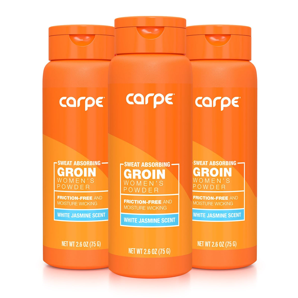 Carpe polvo cuerpo absorbente en envase, sensación suave para la piel y frescura duradera.