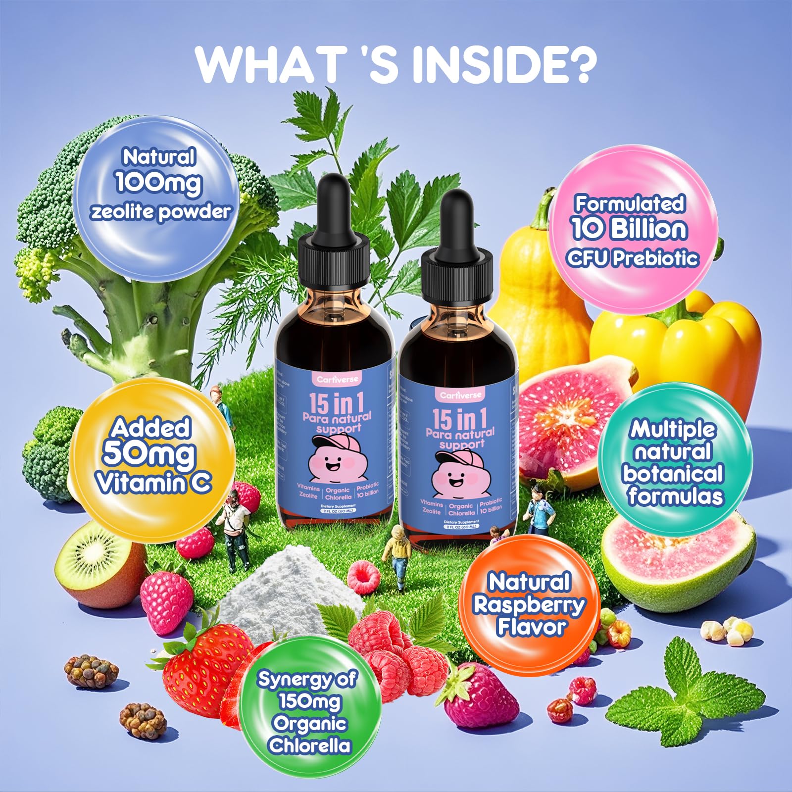 Cartiverse limpieza antiparasitos para niños en formato gotas, fórmula 15 en 1.