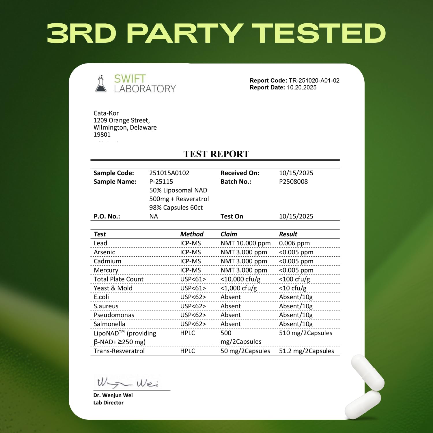Cata-Kor Liposomal NAD certificado de análisis disponible para cada lote