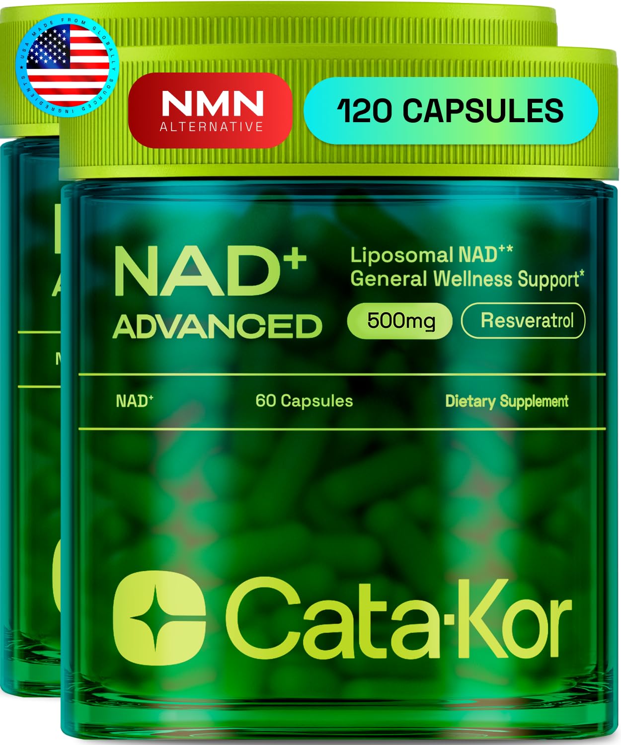 Cata-Kor NAD liposomal cápsulas: soporte para energía celular y nutrición diaria.