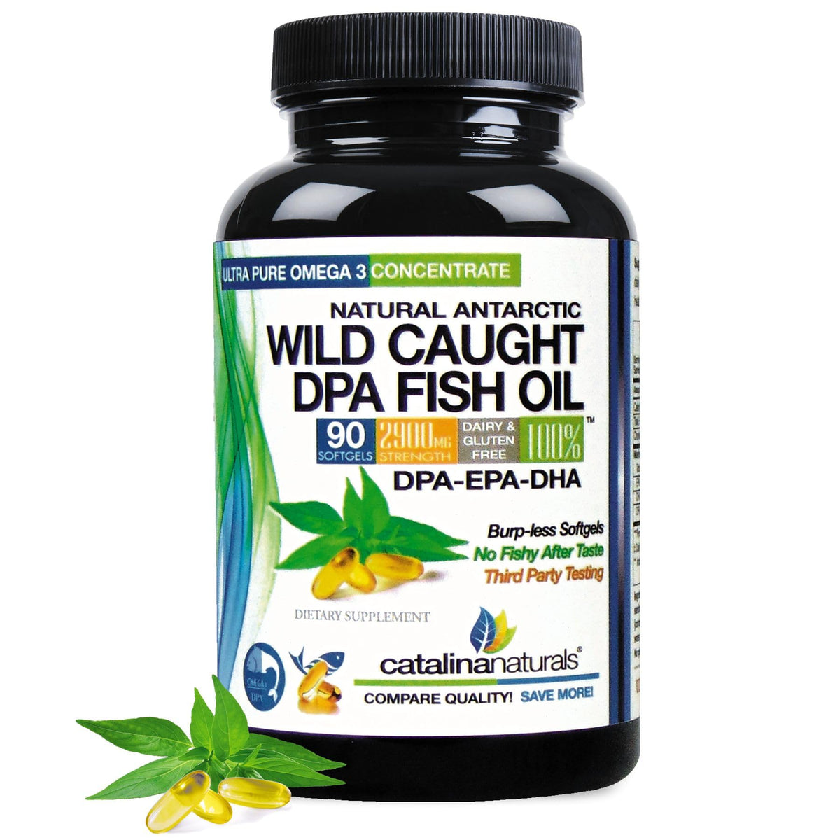 Botella de Catalina Naturals Omega3 con etiqueta clara, apoyo a una dieta equilibrada.