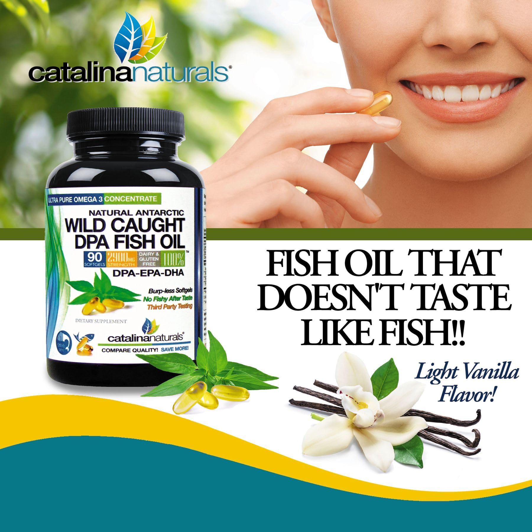Cápsulas SoftGels de Catalina Naturals Omega3, fáciles de tragar para uso diario.