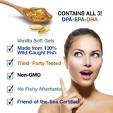 Frasco junto a cuchara mostrando sabor vainilla, Catalina Naturals Omega3.