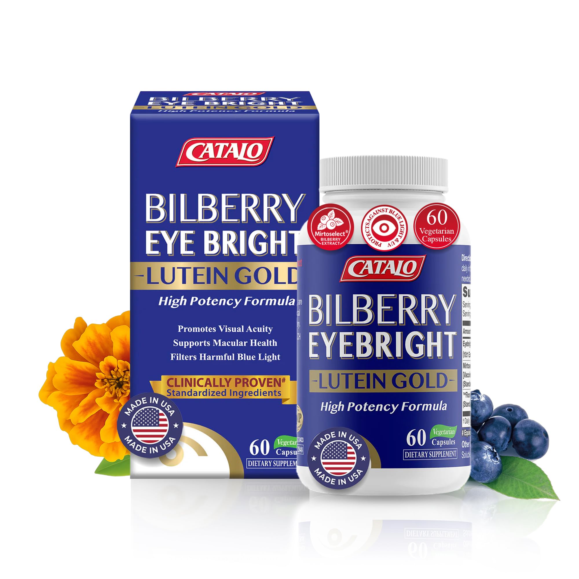 CATALO Bilberry Eyebright Gold botella, posible apoyo para claridad visual diaria.