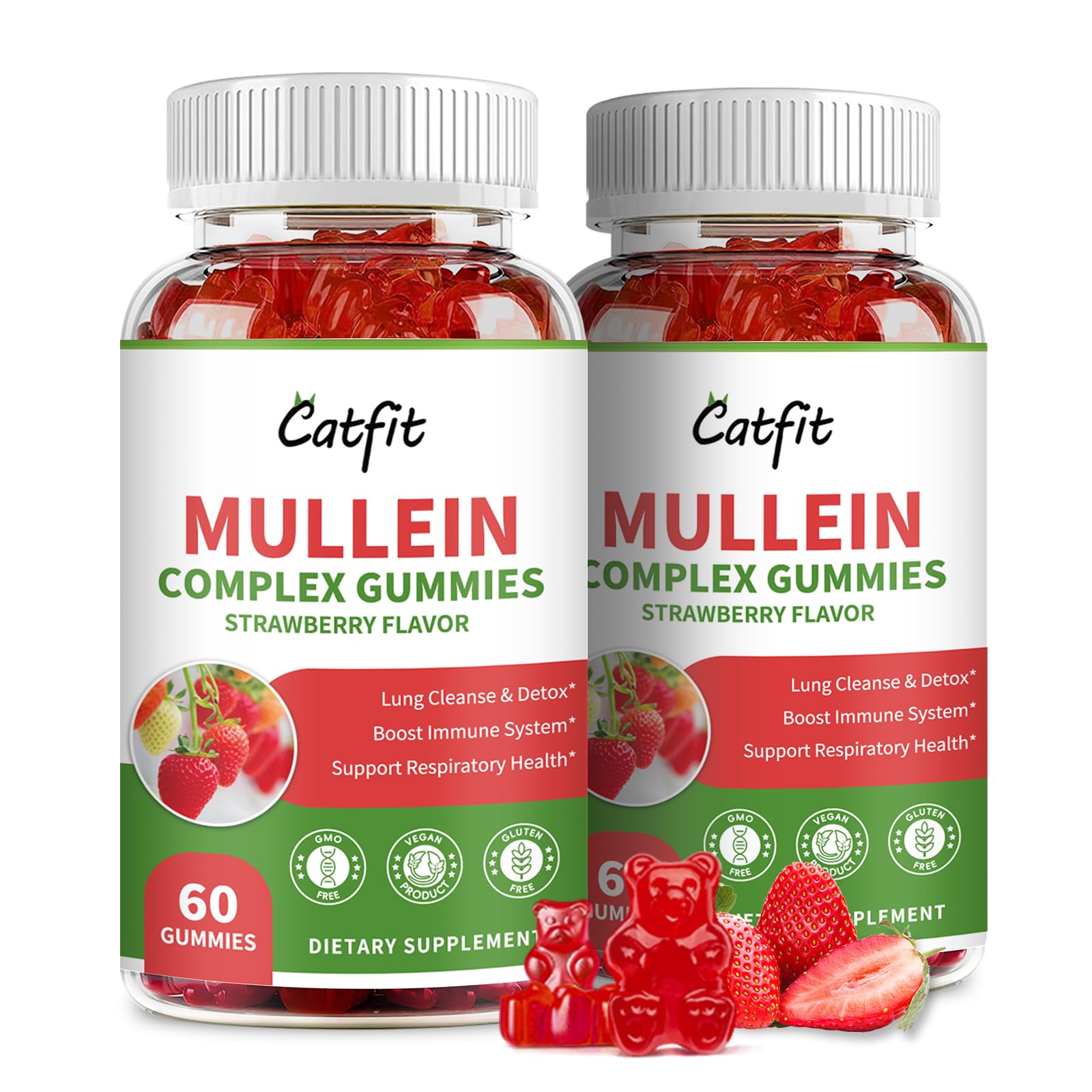 Catfit gomitas mullein para pulmones, botella; apoyo respiratorio natural.