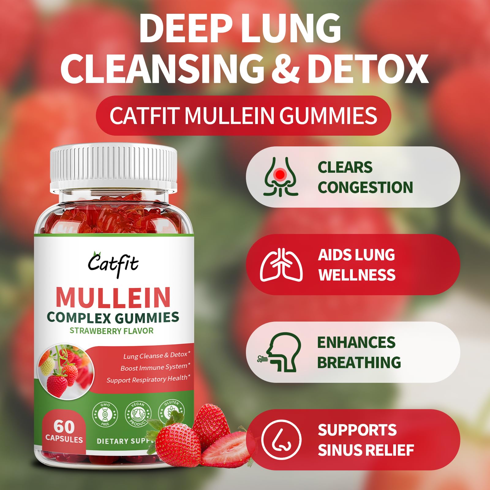 Gomitas Catfit mullein, sabor fresa; experiencia agradable para el día a día.