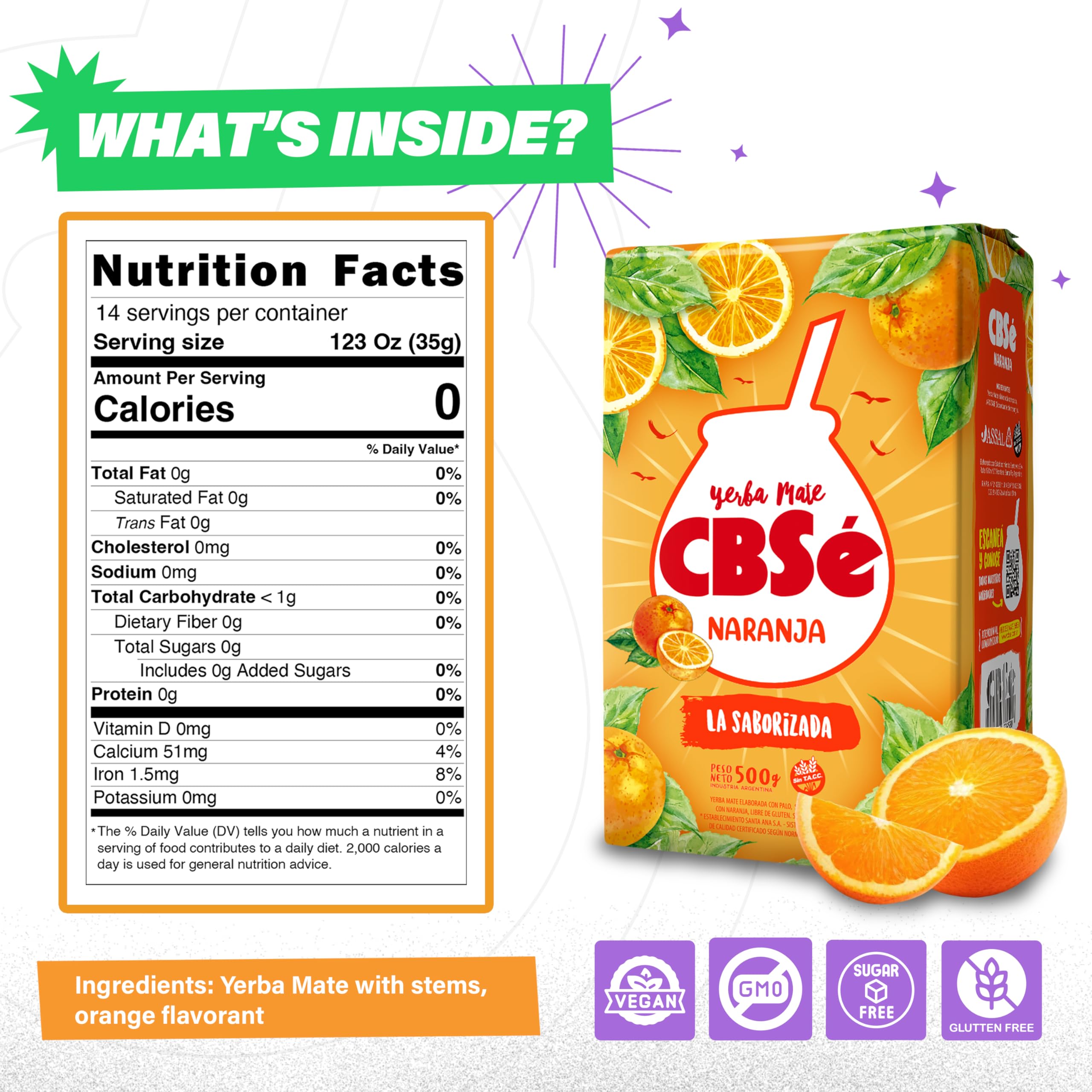CBSé Yerba Mate Naranja: etiqueta reconocible y garantía de calidad en cada sobre.