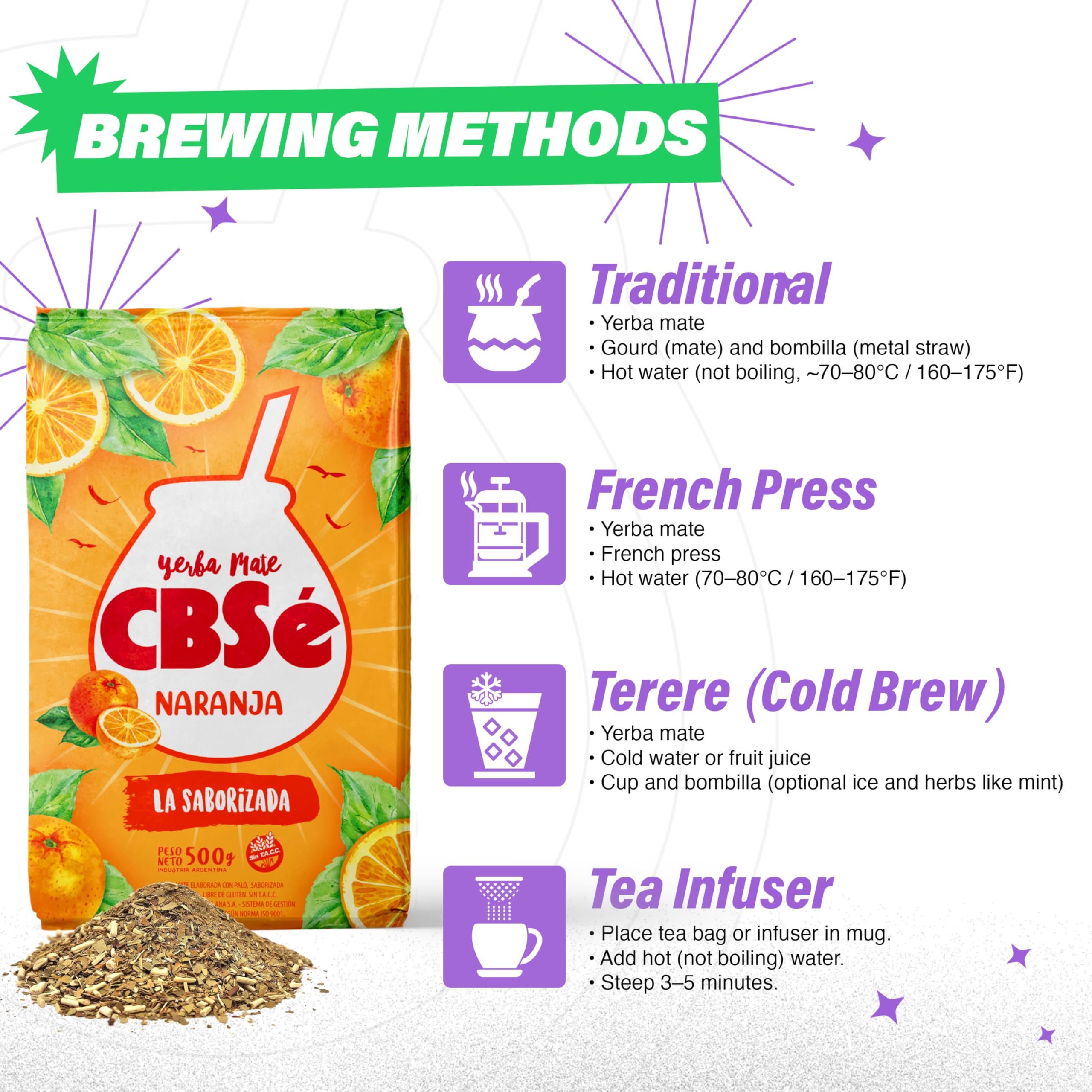 CBSé Yerba Mate Naranja: empaque para conservar frescura y sabor natural.