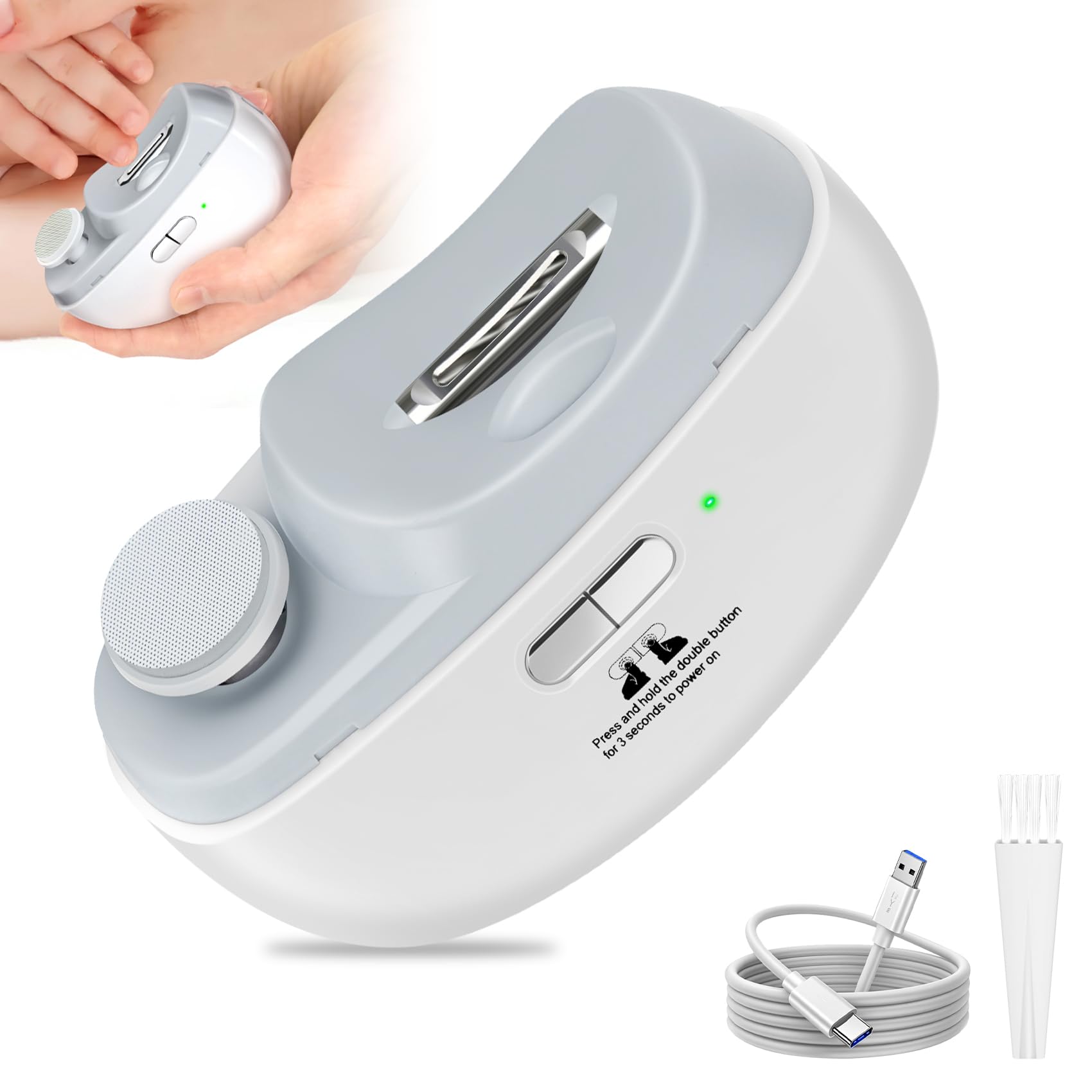 CCDObbs cortauñas eléctrico 2 en 1, vista frontal en blanco, cuidado suave para uñas del bebé.