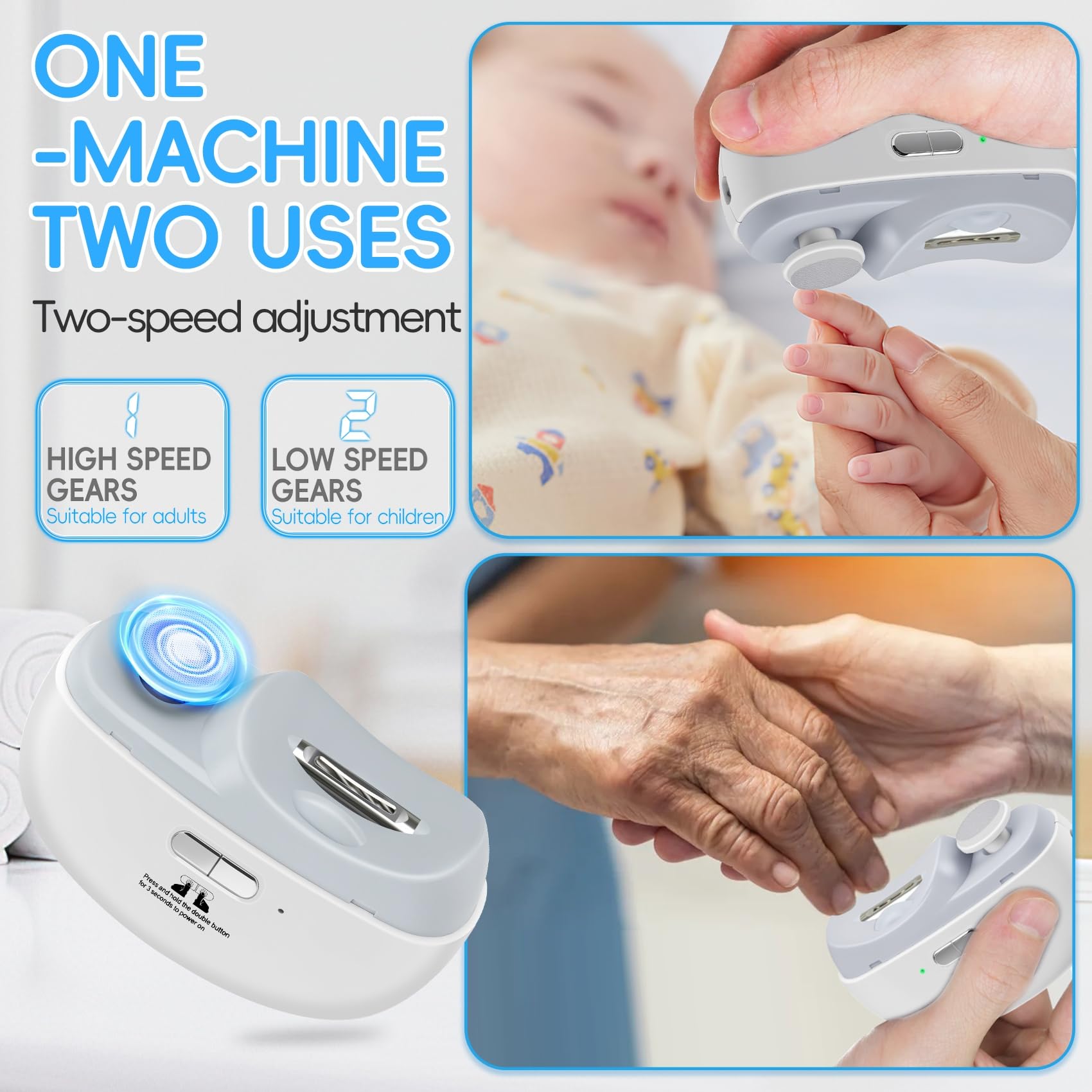 CCDObbs cortauñas eléctrico 2 en 1, uso para bebé, mango ergonómico y seguro.