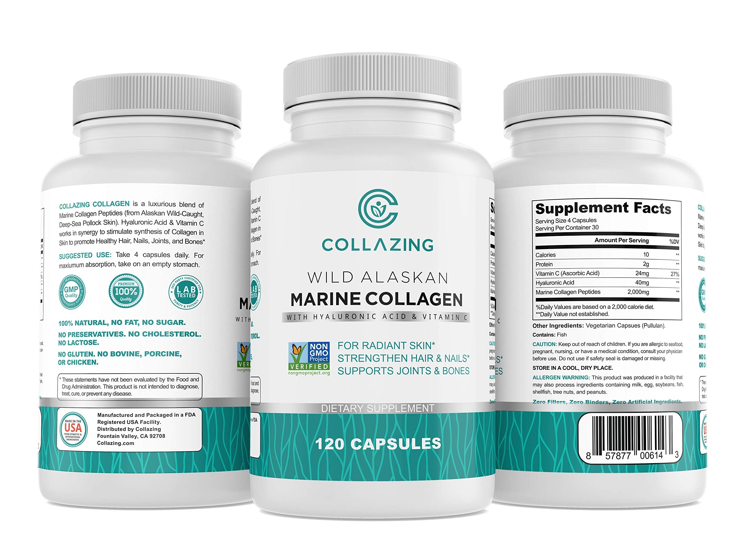 C COLLAZING frasco de cápsulas de colágeno marino de Alaska para belleza y vitalidad