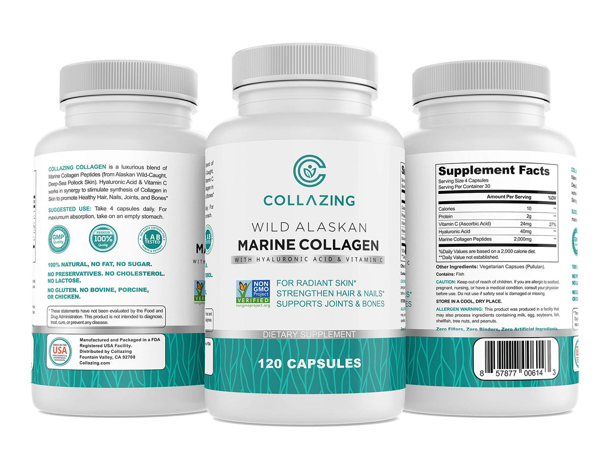 C COLLAZING frasco de cápsulas de colágeno marino de Alaska para belleza y vitalidad
