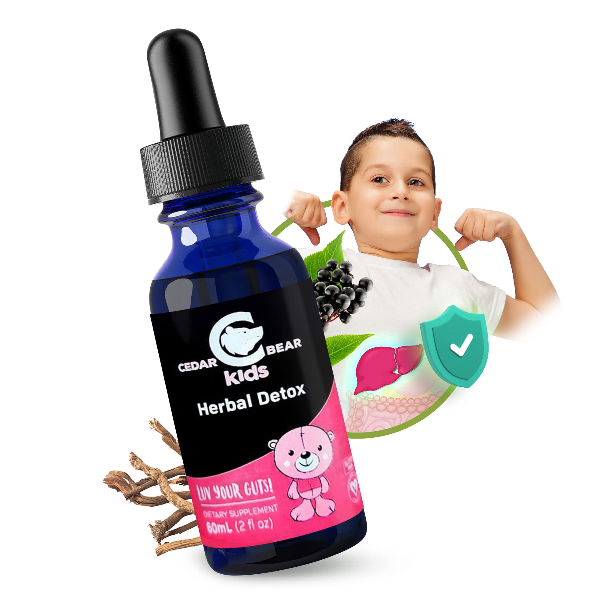 Envase de 60 ml de Cedar Bear Detox para niños, práctico y duradero.