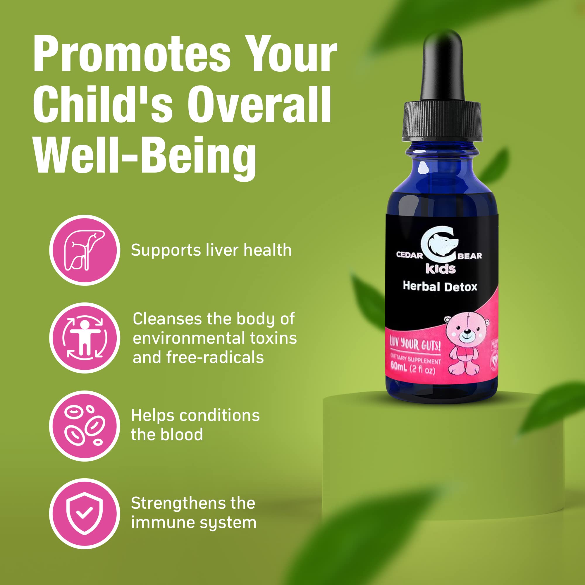 Etiqueta clara de Cedar Bear Detox para niños, información de ingredientes.
