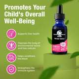 Etiqueta clara de Cedar Bear Detox para niños, información de ingredientes.