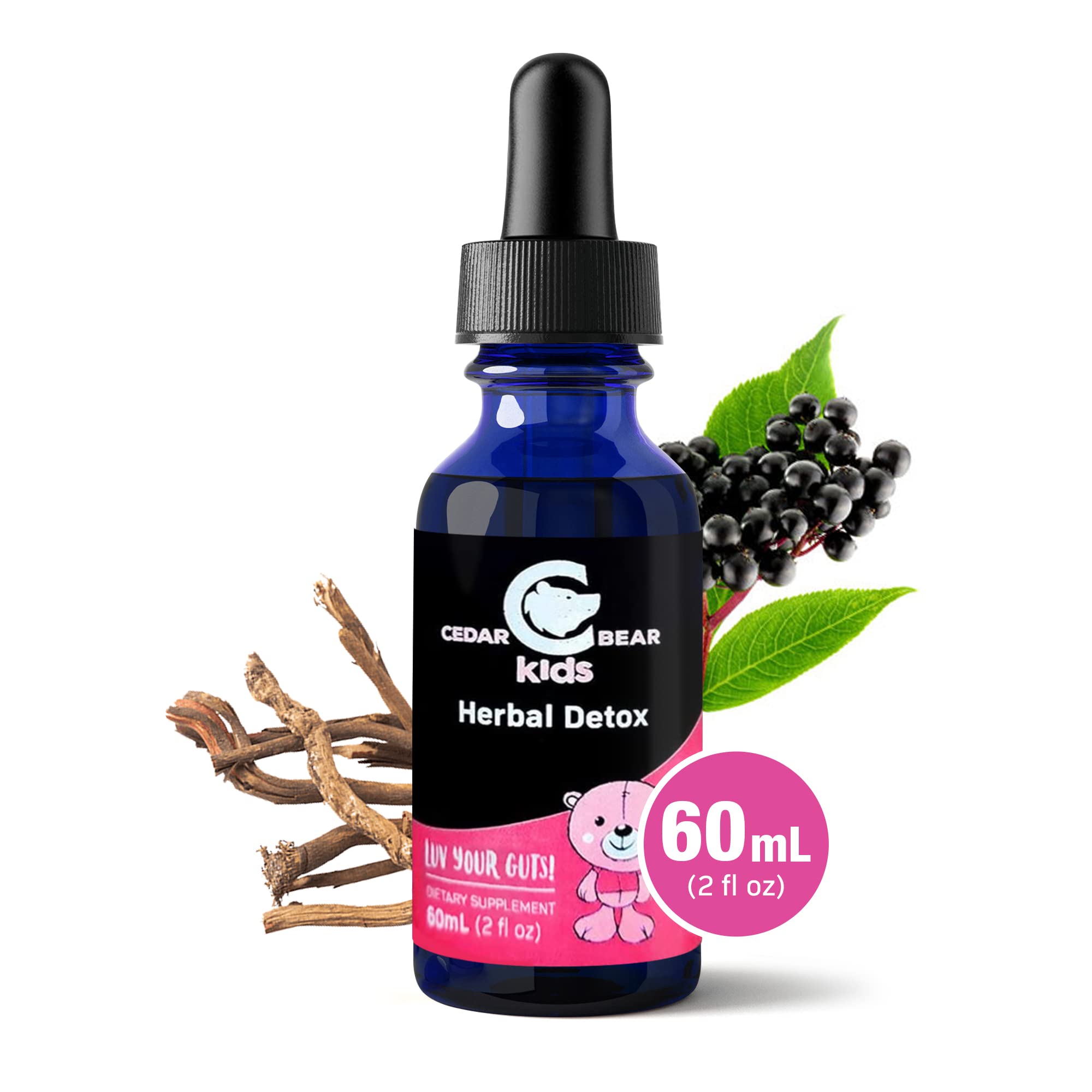 Ingredientes naturales de Cedar Bear Detox para niños, mezcla herbaria suave.