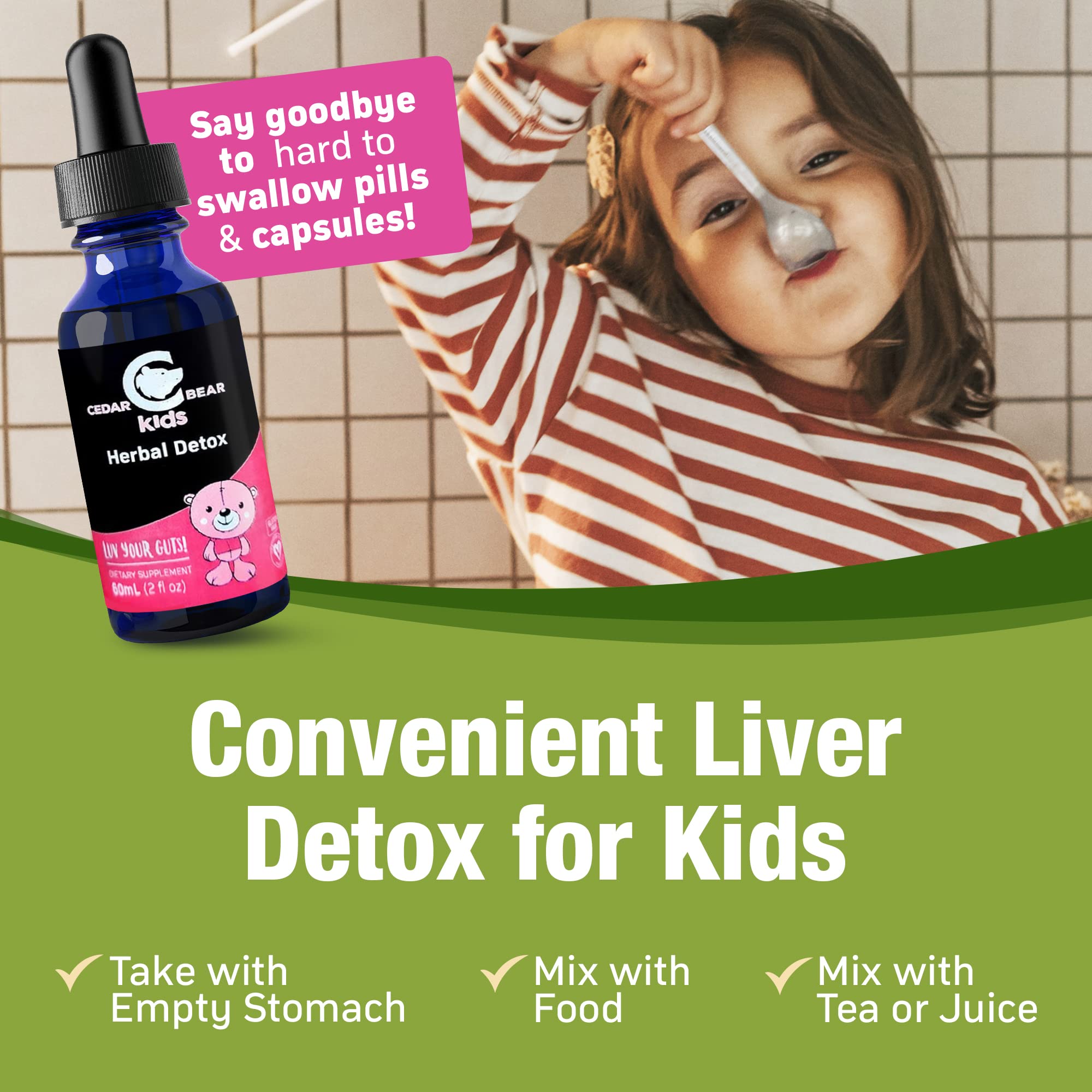 Textura líquida de Cedar Bear Detox para niños, fácil de tragar.