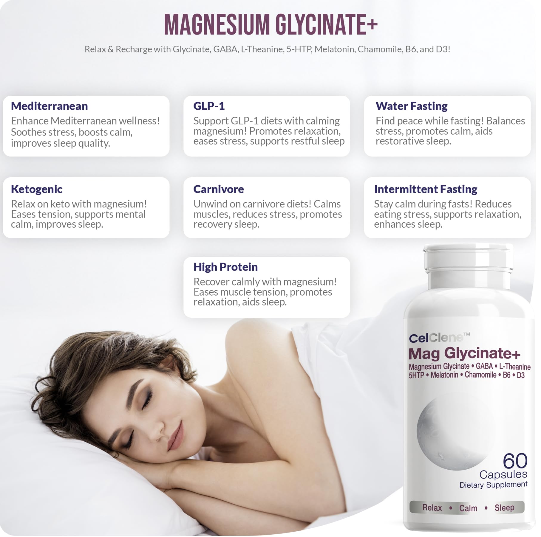 Cápsulas CELCLENE con magnesio glicinato para apoyo al sueño y relajación.