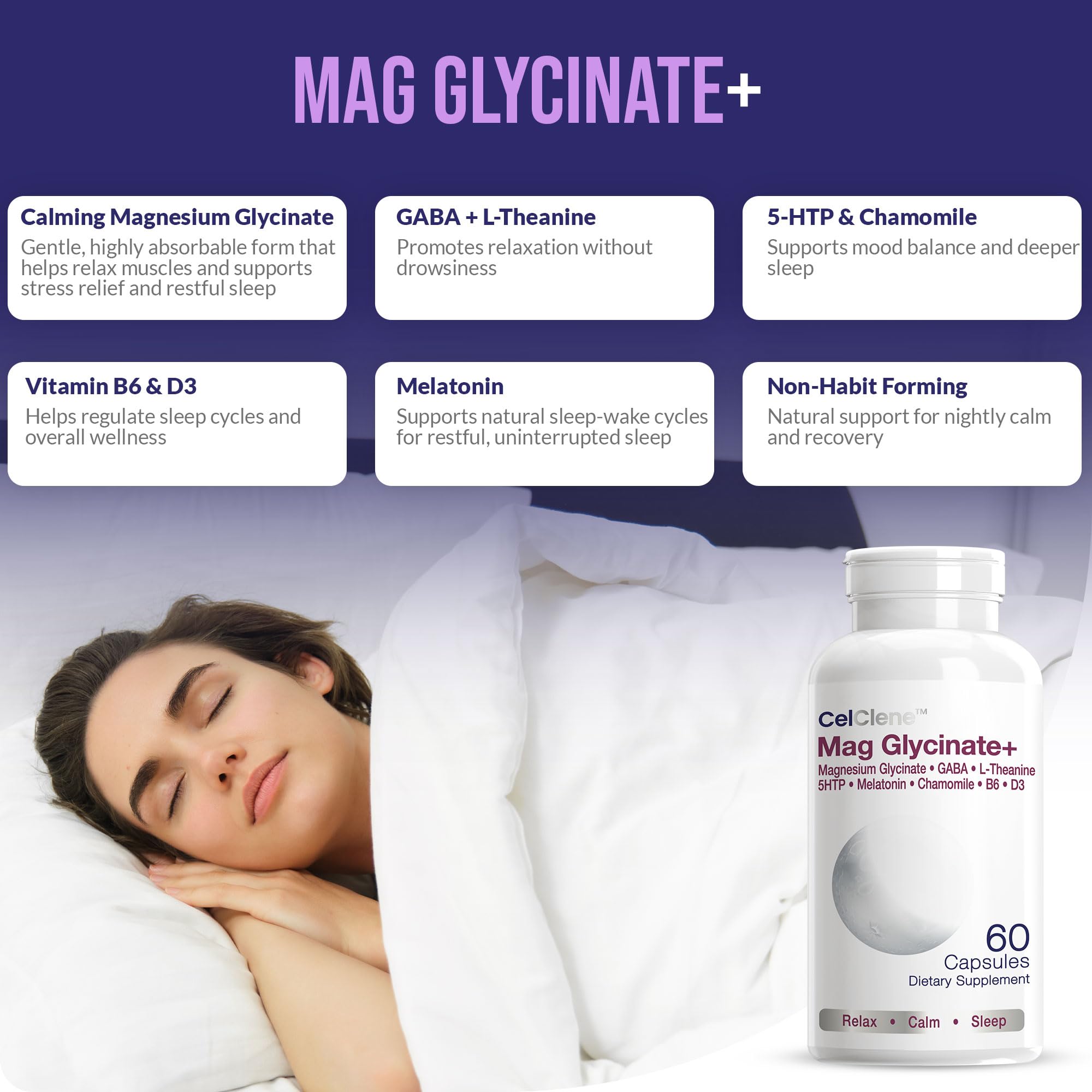 Ingredientes clave de CELCLENE: 5-HTP, GABA y L-teanina para equilibrio.