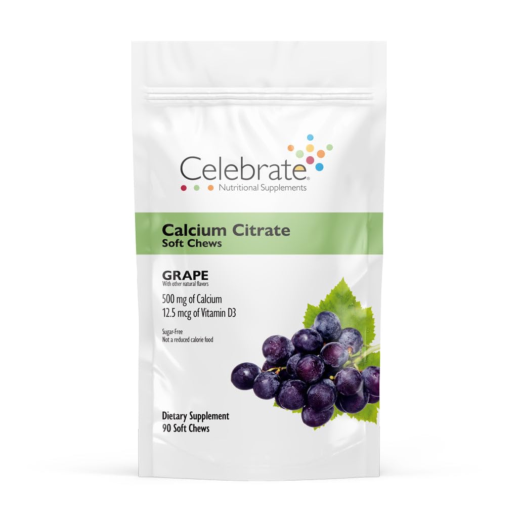 Celebrate Bariatric Calcium Citrate gomitas en botella frontal, apoyo diario a la salud ósea.