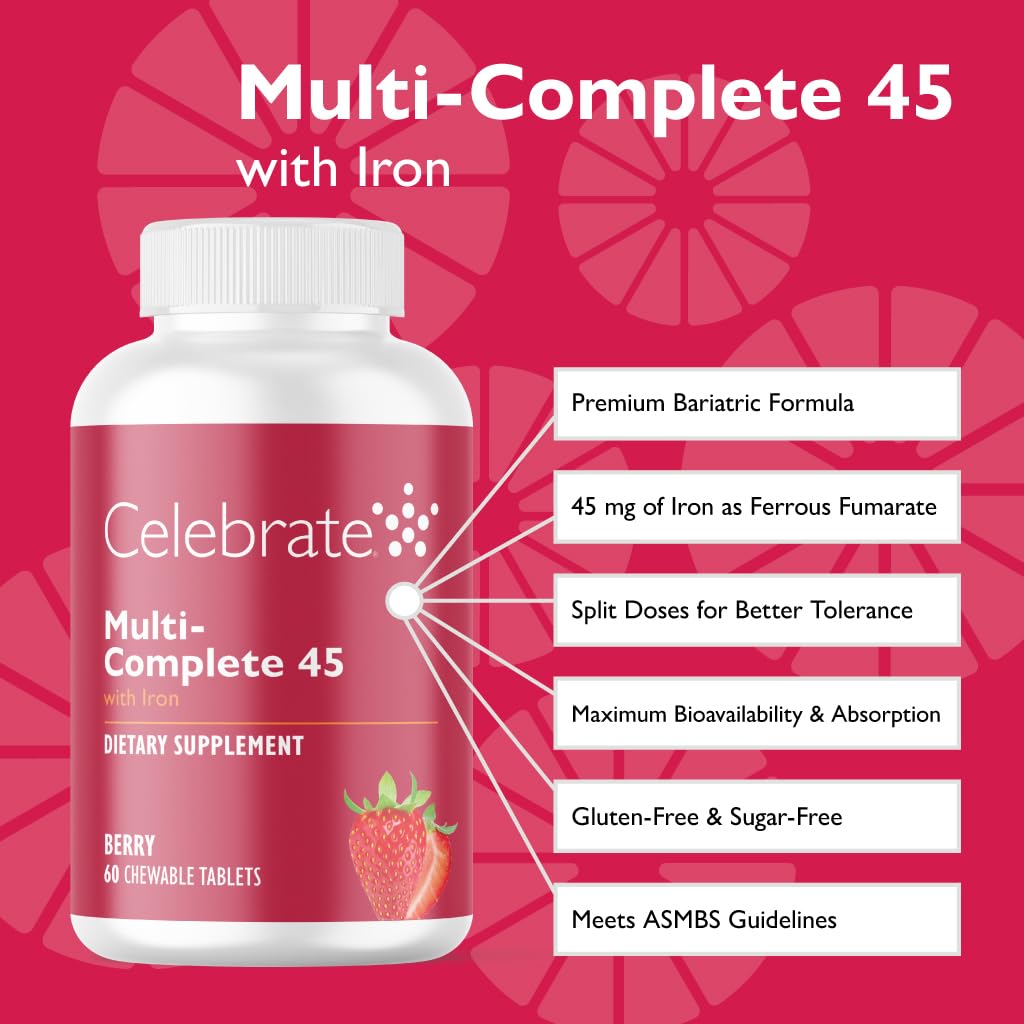 Cada masticable Celebrate Bariatric Multi-Complete proporciona 45 mg de hierro para apoyo diario.