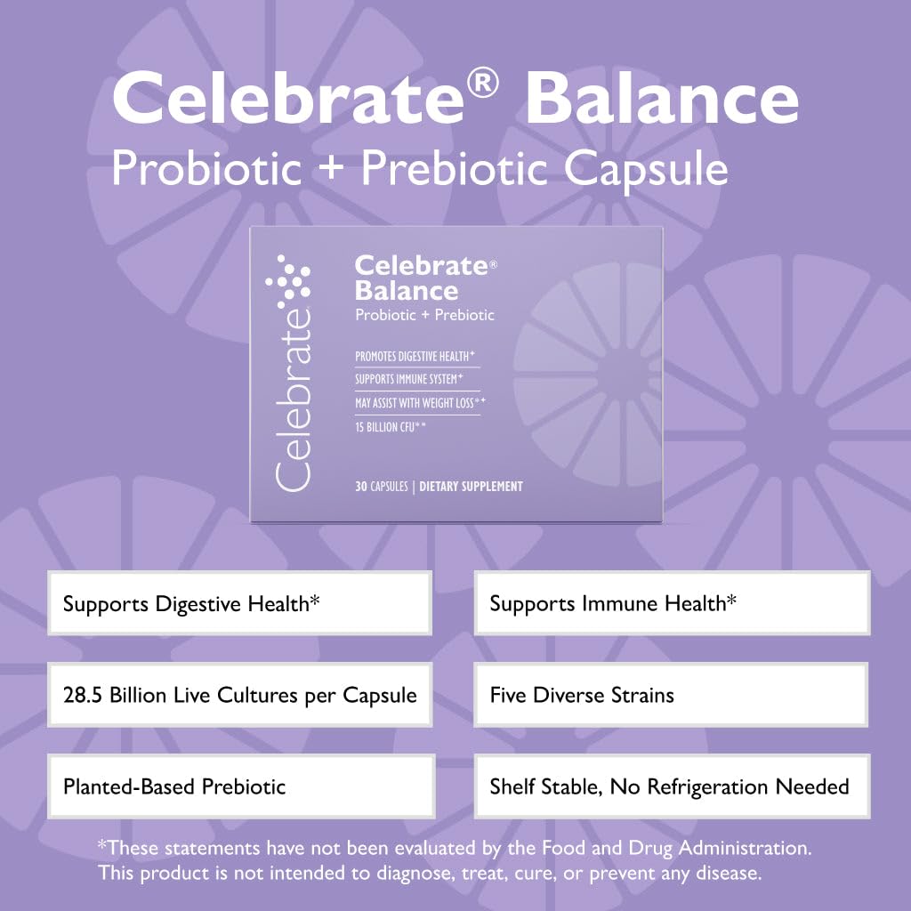 Celebrate Vitamins Balance frasco: formato práctico para tratamiento postquirúrgico.