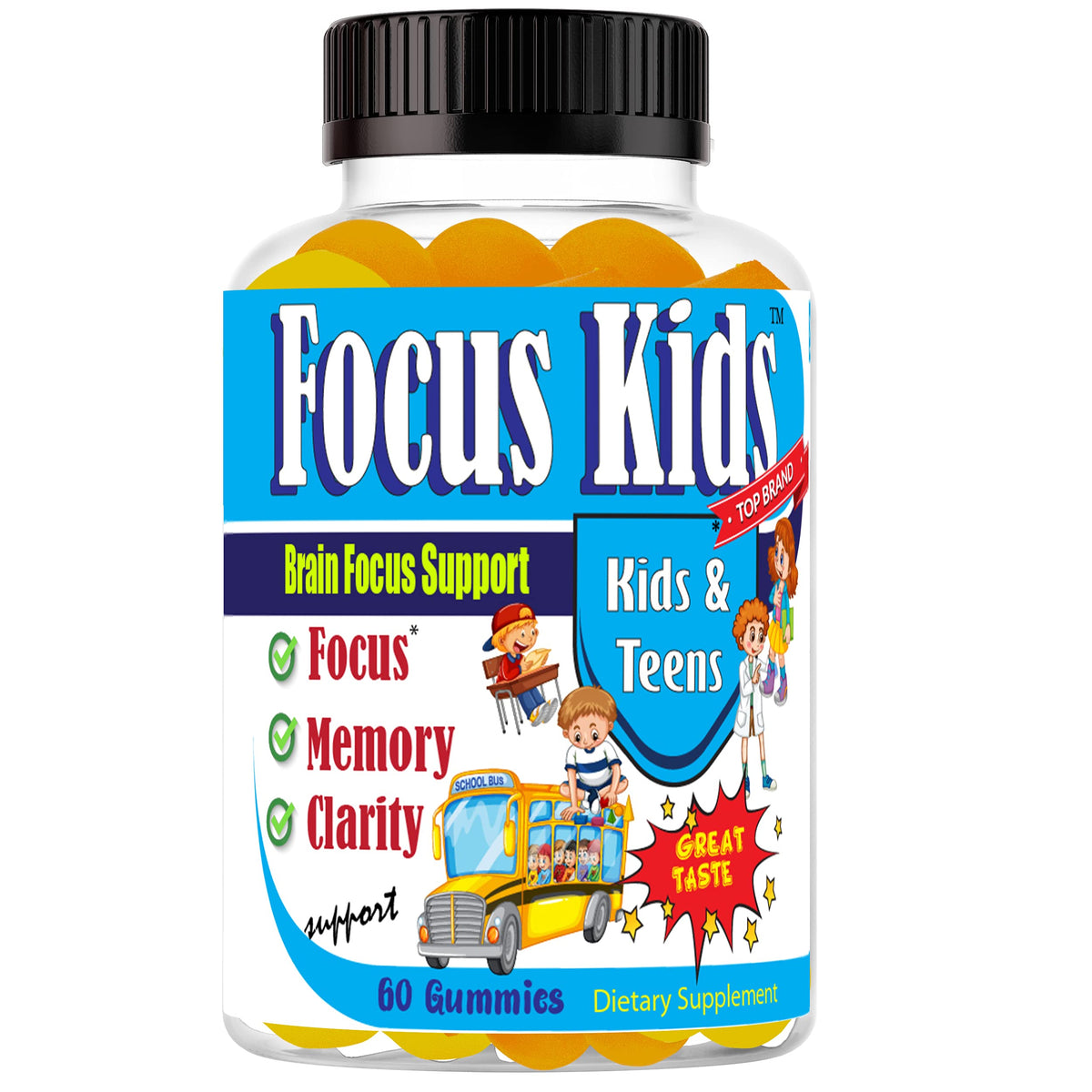 Celebrity LifeStyle Focus Kids Gummies, empaque visible, posible apoyo a la atención