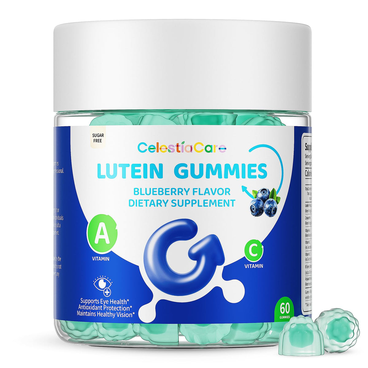 Gomitas CelestiaCare en bote para uso diario y salud ocular.
