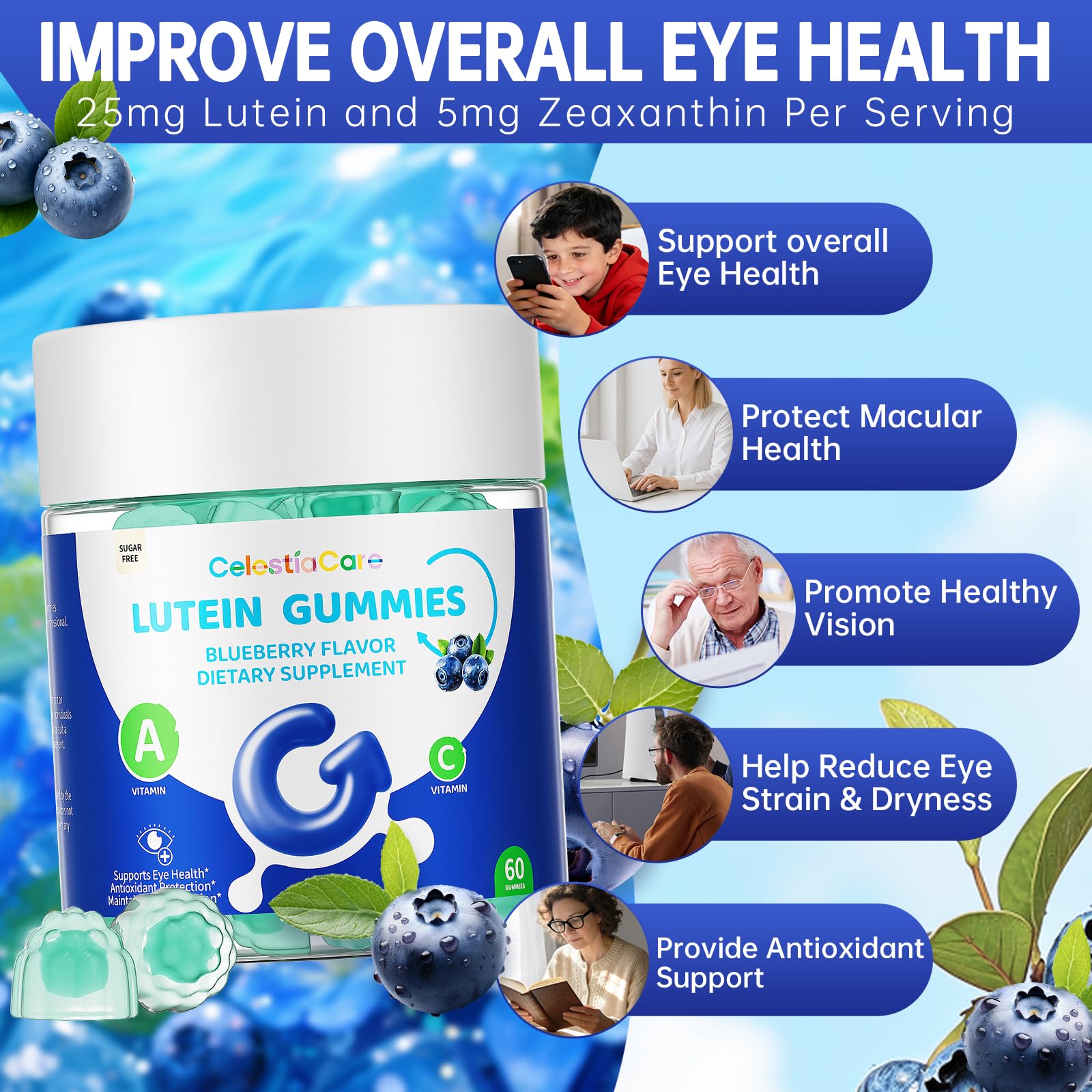 CelestiaCare gomitas para salud macular y visión estable.