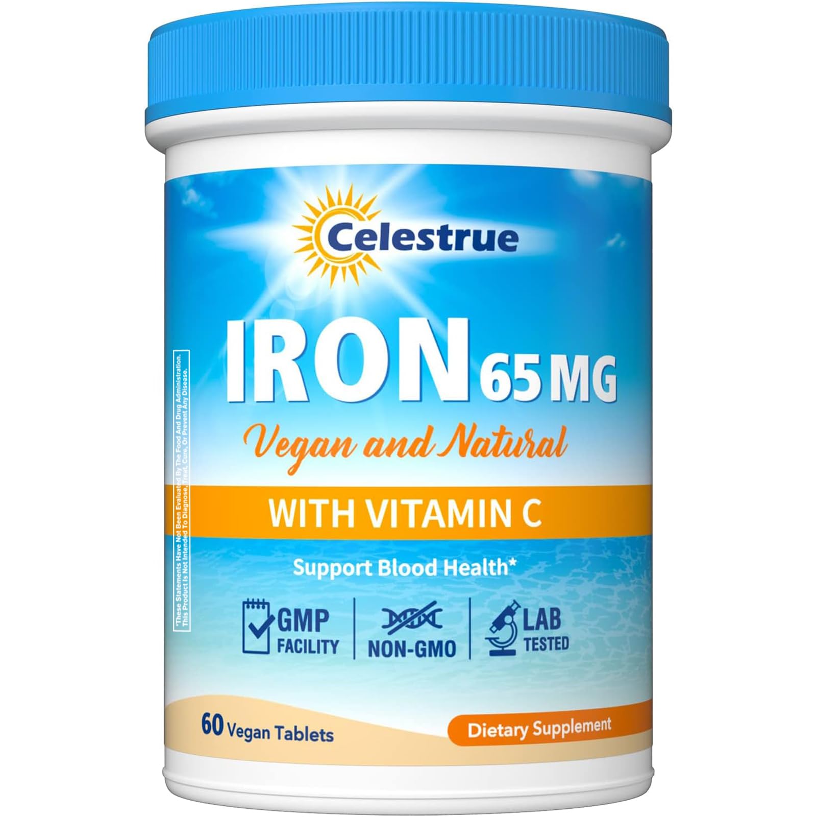 Celestrue hierro 65 mg, botella con tabletas para uso diario.