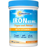 Celestrue hierro 65 mg, botella con tabletas para uso diario.