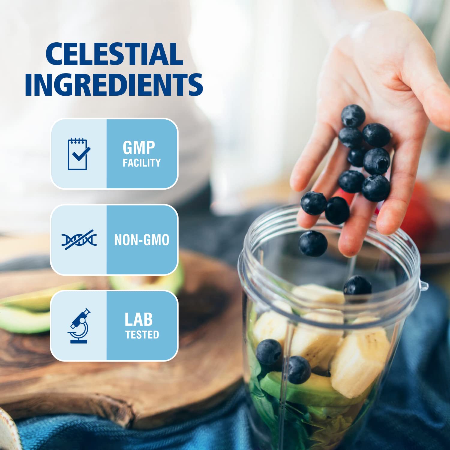 Ingredientes naturales de Celestrue, libre de alergenos comunes.