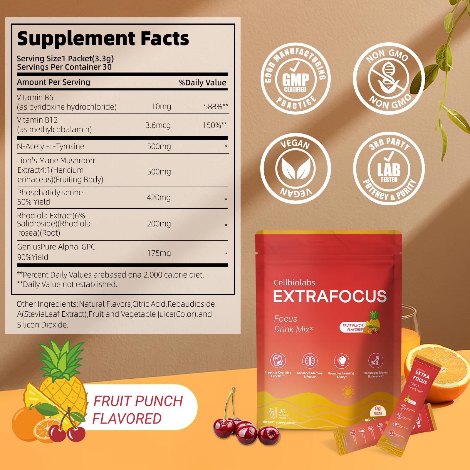 Cellbiolabs Nootrópico Sabor a Fruta, experiencia fresca sin azúcar.