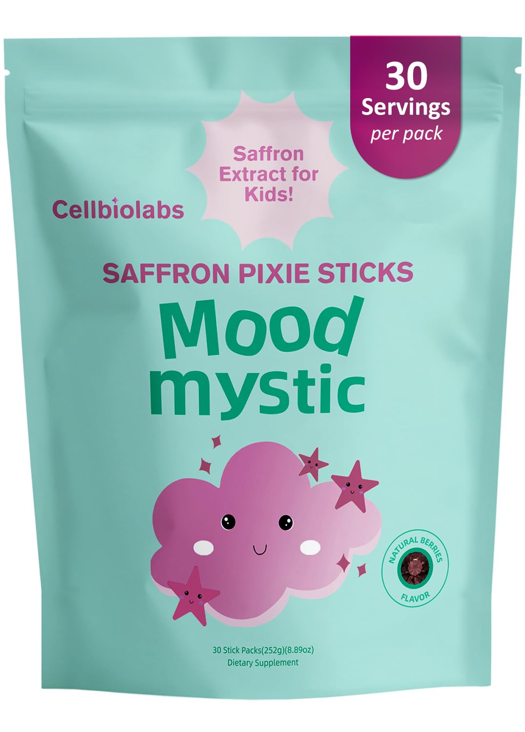 Cellbiolabs Saffron para Niños, palo de fruta, apoyo a una rutina diaria equilibrada.