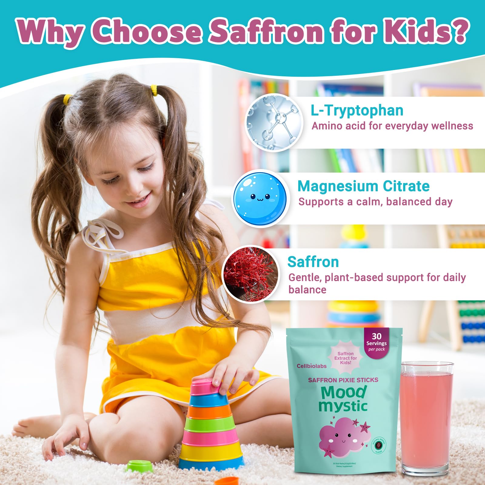 Cellbiolabs Saffron para Niños, palo-fruta, fácil de tomar en casa.
