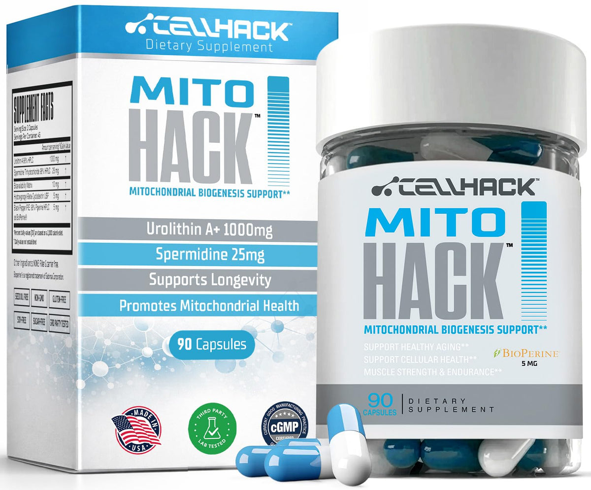 MITOHACK de CellHack, botella en primer plano para energía sostenida durante el día.