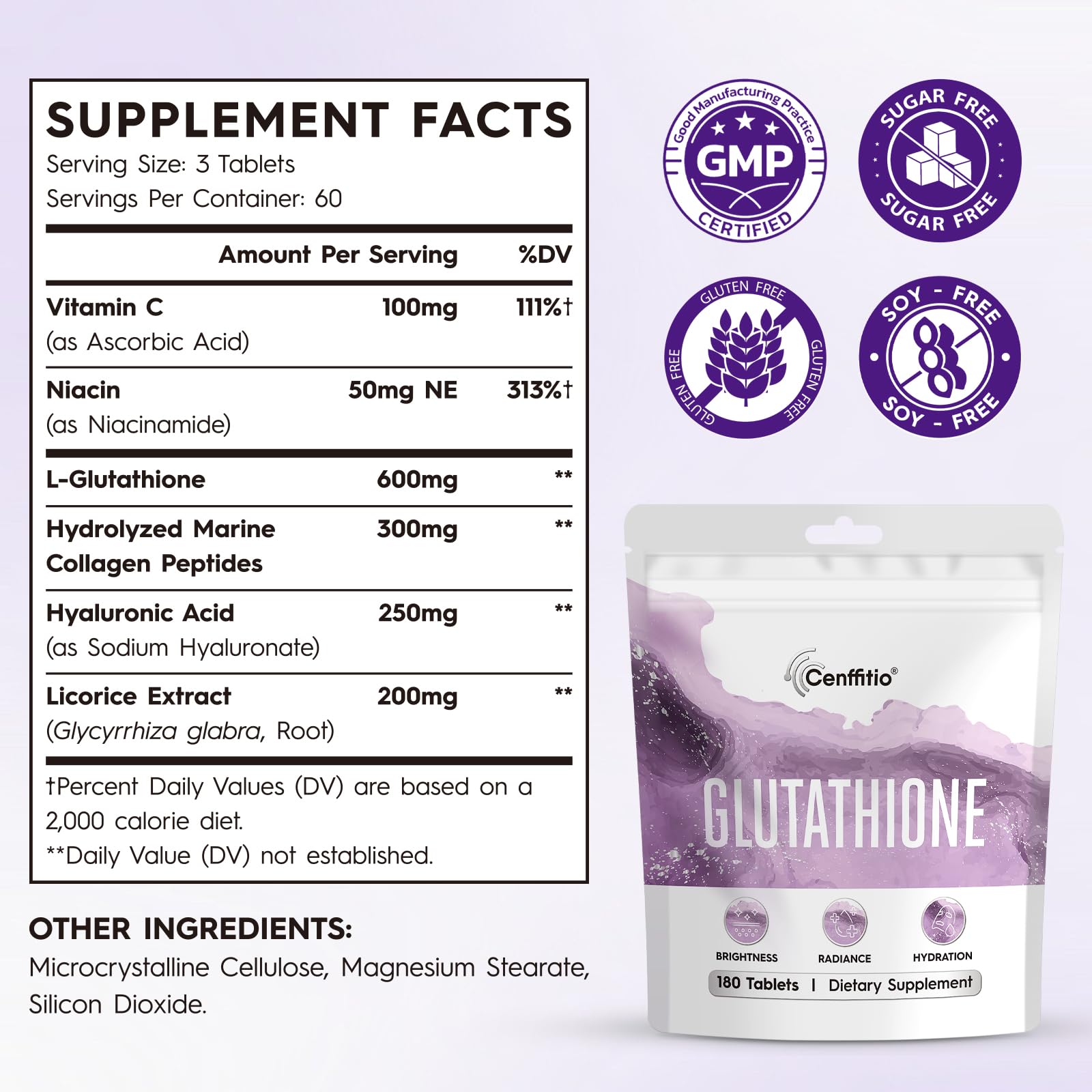 Etiqueta Cenffitio Glutacion destaca ingredientes clave para piel radiante.